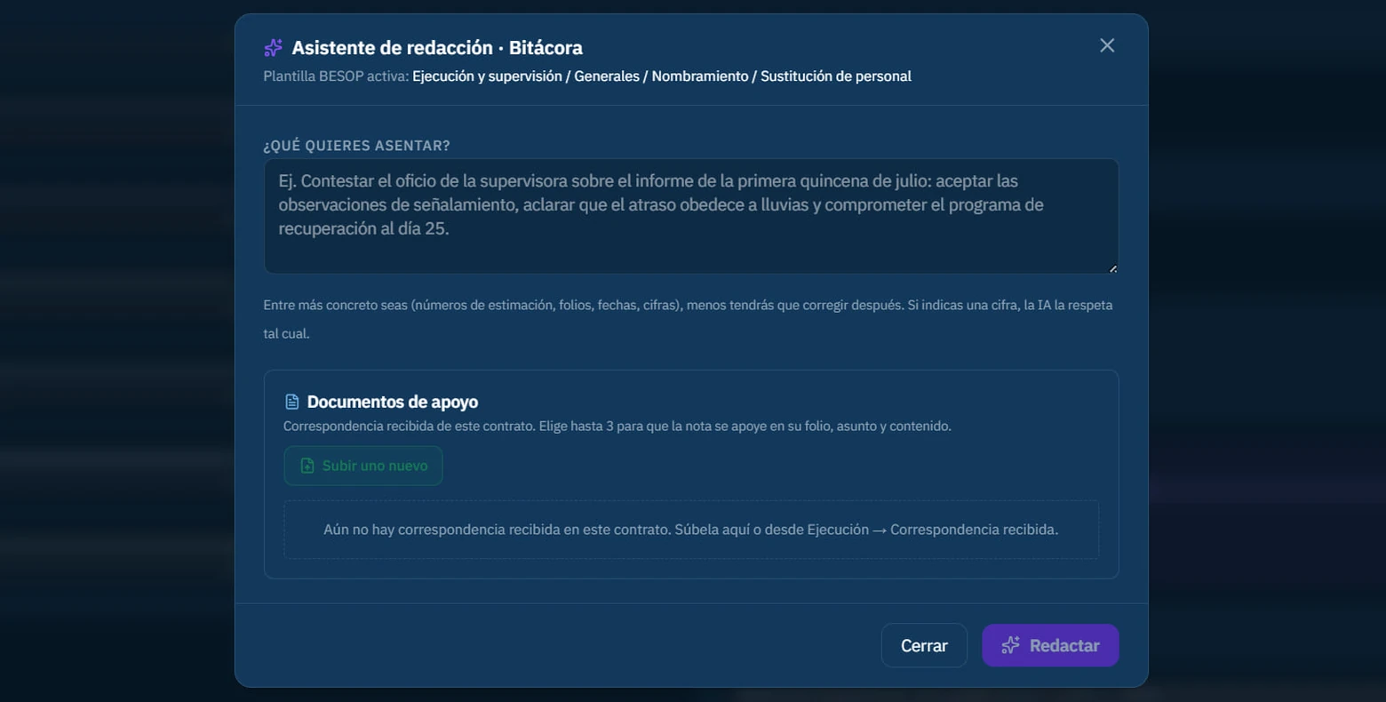 Asistente de redacción de notas de bitácora BESOP en Nexdorf